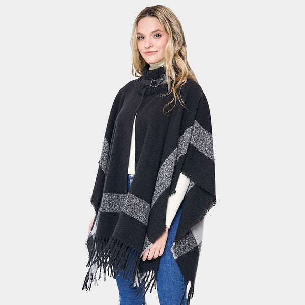 Cape-BLACK with Gray Stripe Accents and Fringe