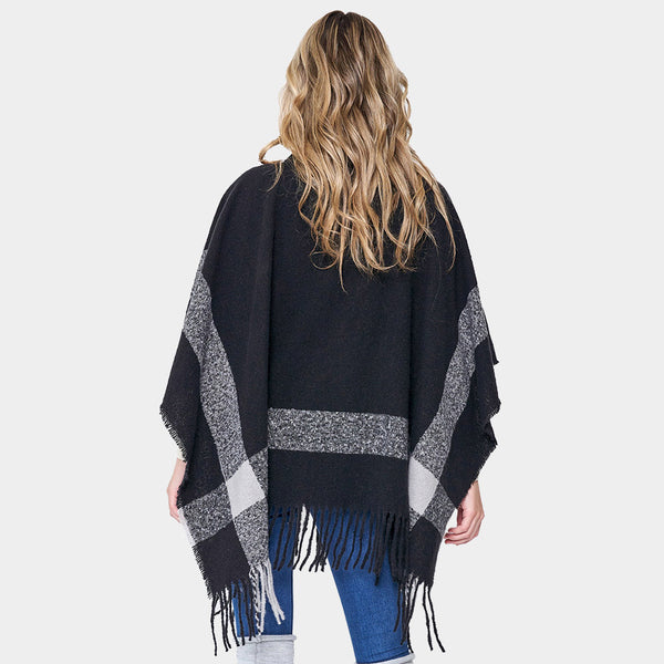 Cape-BLACK with Gray Stripe Accents and Fringe