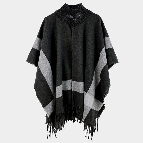 Cape-BLACK with Gray Stripe Accents and Fringe