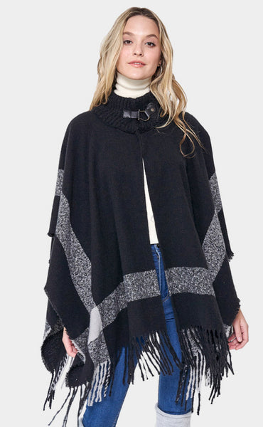 Cape-BLACK with Gray Stripe Accents and Fringe