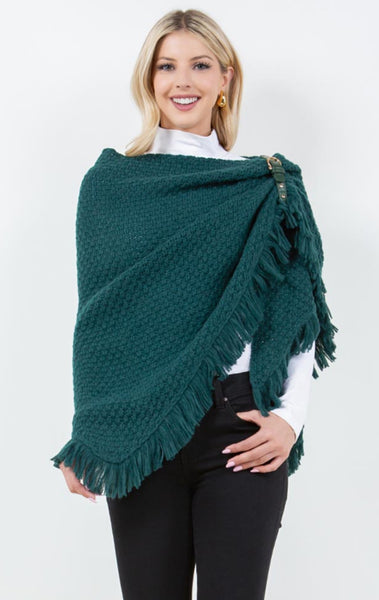 Shawl-GREEN Triangle With Fringe, Cable Knit With Leather Buckle