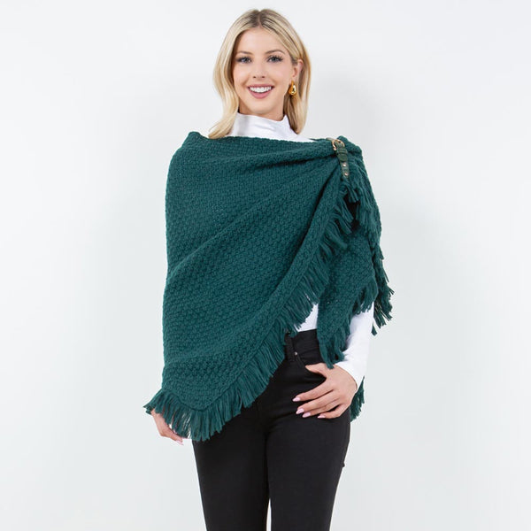 Shawl-GREEN With Fringe, Textured Knit Fabric