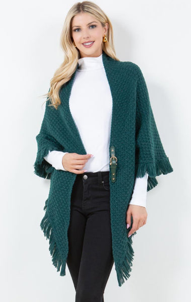 Shawl-GREEN Triangle With Fringe, Cable Knit With Leather Buckle