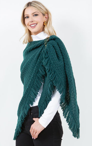 Shawl-GREEN Triangle With Fringe, Cable Knit With Leather Buckle