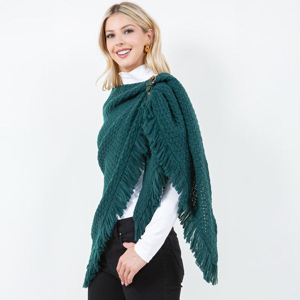 Shawl-GREEN With Fringe, Textured Knit Fabric