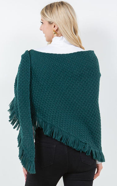 Shawl-GREEN Triangle With Fringe, Cable Knit With Leather Buckle