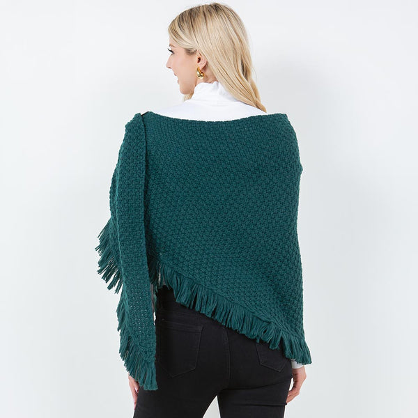 Shawl-GREEN With Fringe, Textured Knit Fabric