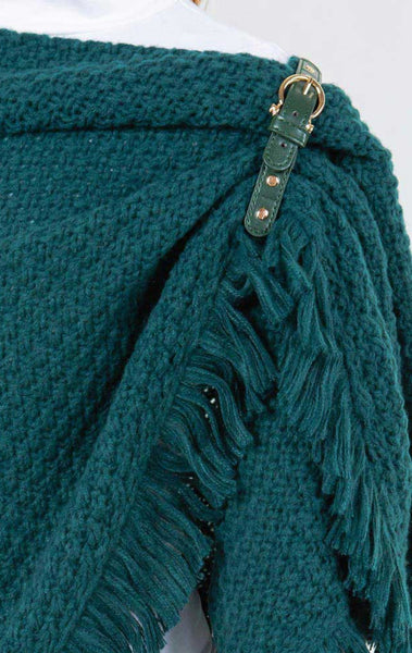 Shawl-GREEN Triangle With Fringe, Cable Knit With Leather Buckle