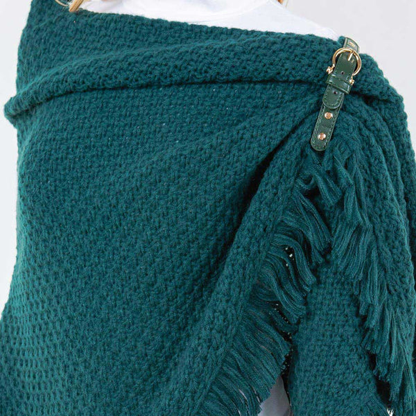 Shawl-GREEN With Fringe, Textured Knit Fabric