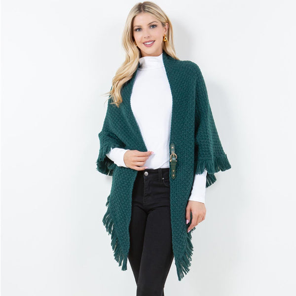 Shawl-GREEN With Fringe, Textured Knit Fabric