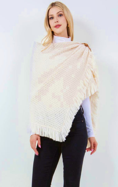 Shawl-IVORY Triangle With Fringe, Cable Knit With Leather Buckle