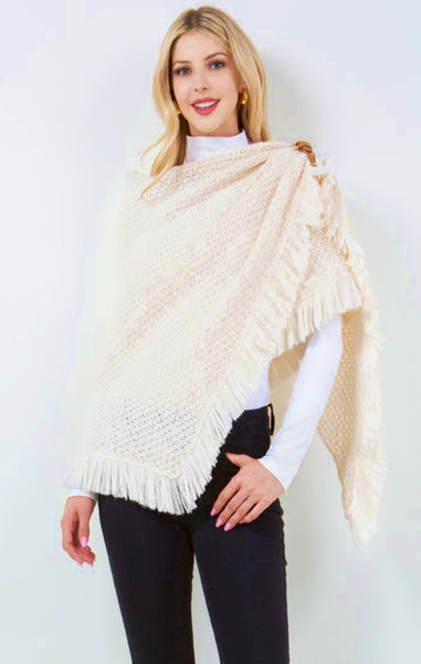 Shawl-IVORY Triangle With Fringe, Cable Knit With Leather Buckle