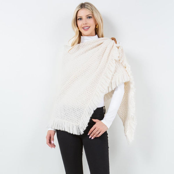 Shawl-IVORY With Fringe, Textured Knit Fabric