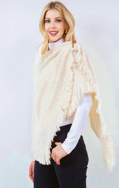 Shawl-IVORY Triangle With Fringe, Cable Knit With Leather Buckle