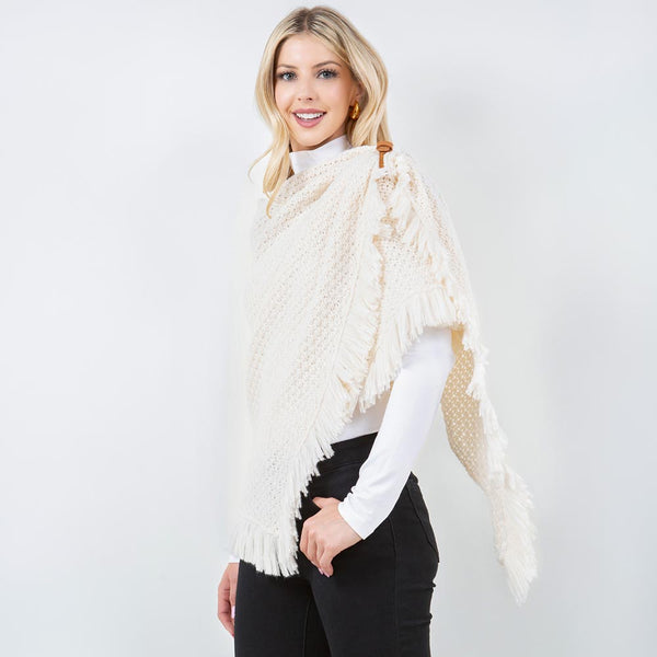 Shawl-IVORY With Fringe, Textured Knit Fabric