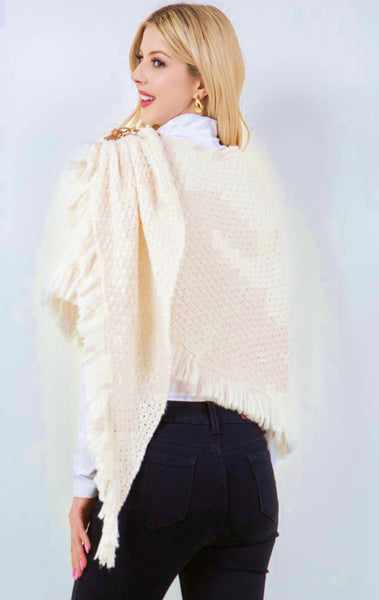 Shawl-IVORY Triangle With Fringe, Cable Knit With Leather Buckle