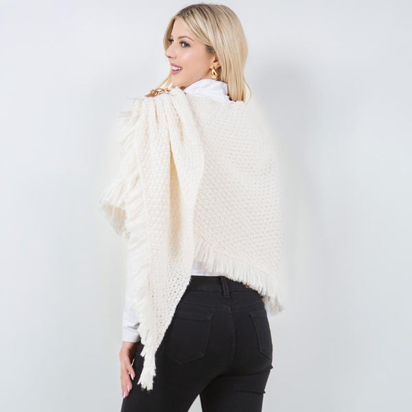 Shawl-IVORY With Fringe, Textured Knit Fabric