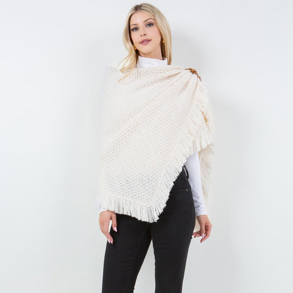 Shawl-IVORY With Fringe, Textured Knit Fabric