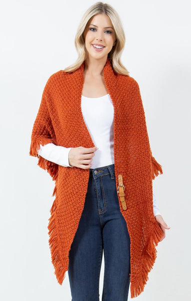 Shawl-PUMPKIN Triangle With Fringe, Cable Knit With Leather Buckle