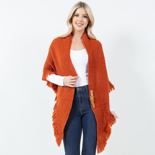Shawl-PUMPKIN With Fringe, Textured Knit Fabric