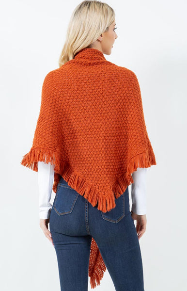 Shawl-PUMPKIN Triangle With Fringe, Cable Knit With Leather Buckle
