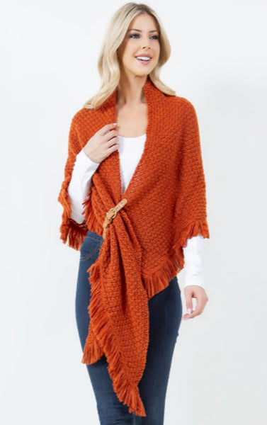 Shawl-PUMPKIN Triangle With Fringe, Cable Knit With Leather Buckle