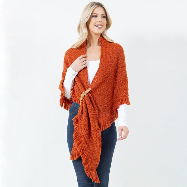 Shawl-PUMPKIN With Fringe, Textured Knit Fabric