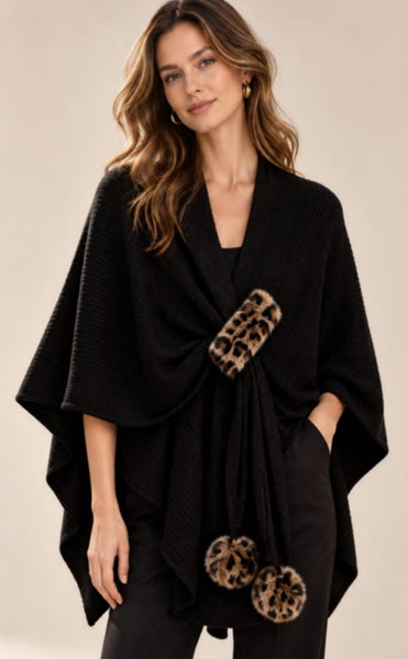 Cape-BLACK Leo-Trim, Draped Shawl w/ PomPom