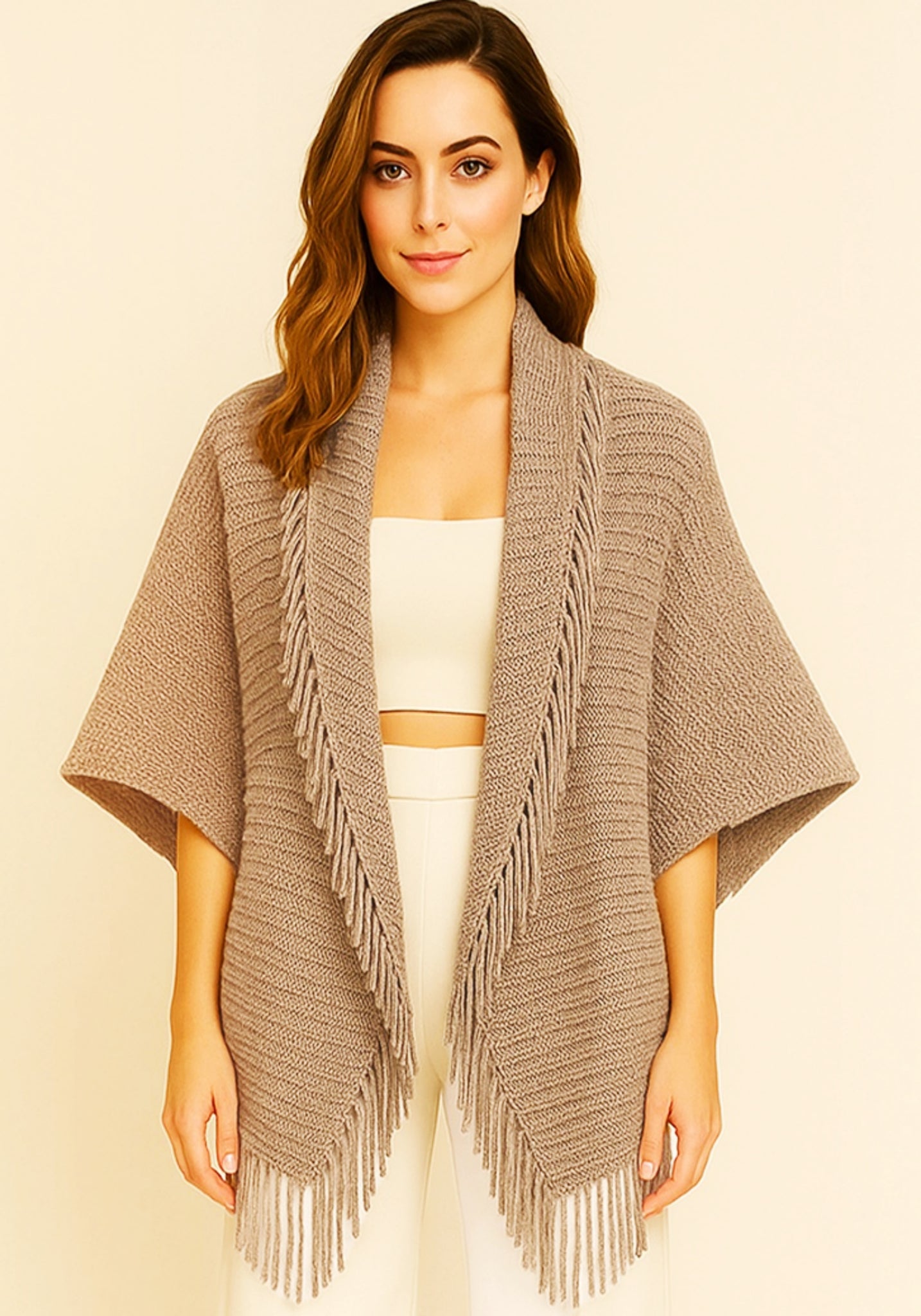 Shawl-TAUPE Cocoon Knit Shawl Fringe