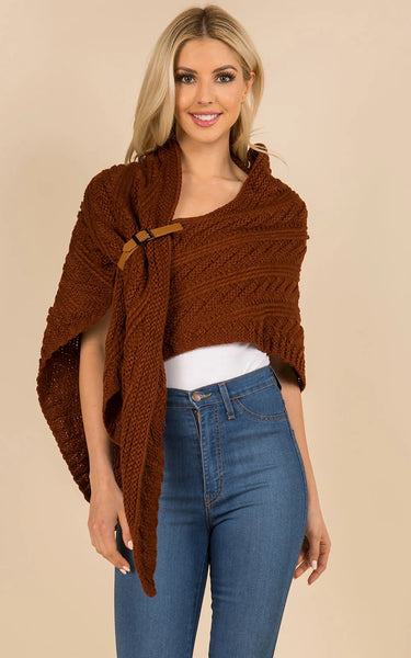 Shawl-CARAMEL Triangle Shawl With Fringe, Cable Knit With Leather Buckle