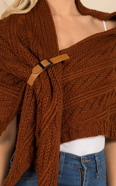 Shawl-CARAMEL Triangle Shawl With Fringe, Cable Knit With Leather Buckle