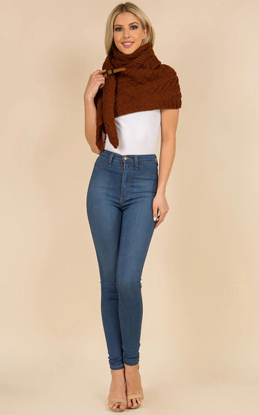 Shawl-CARAMEL Triangle Shawl With Fringe, Cable Knit With Leather Buckle
