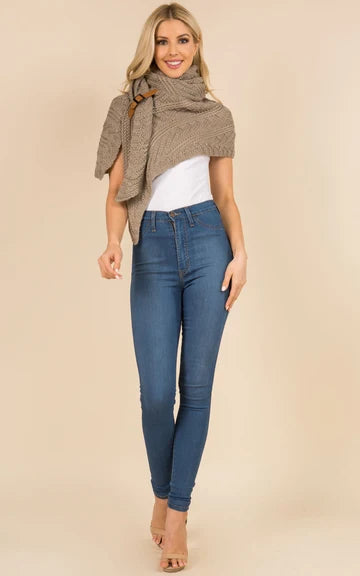 Shawl-TAUPE Triangle With Fringe, Cable Knit With Leather Buckle