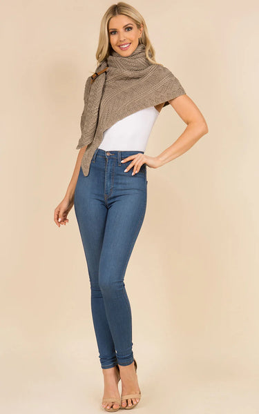 Shawl-TAUPE Triangle With Fringe, Cable Knit With Leather Buckle