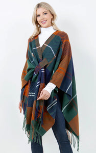 Ruana-GREEN/ORG Plaid With Key Hole