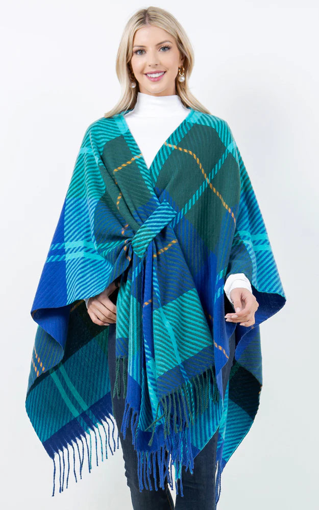 SHAWL-BLUE Plaid with Key Hole