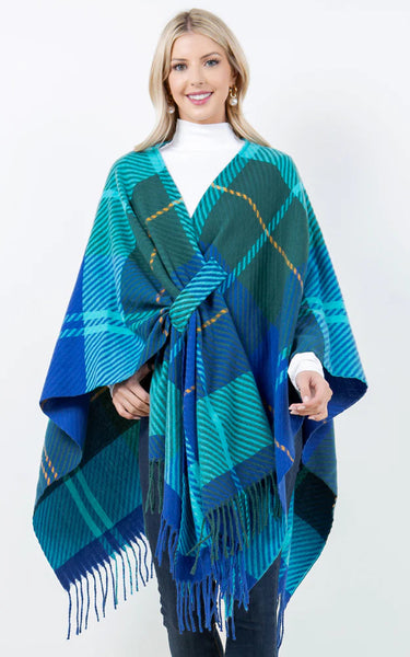 SHAWL-BLUE Plaid with Key Hole