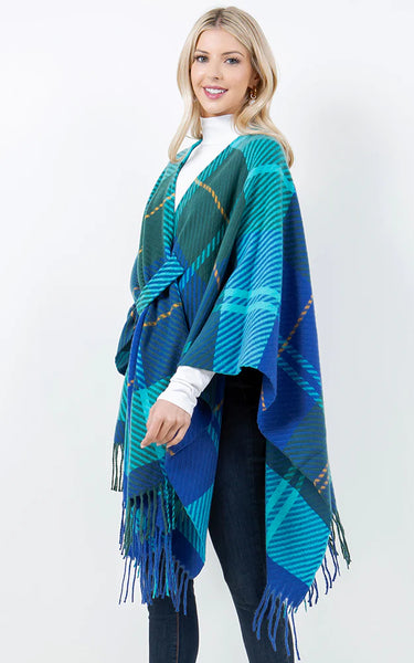 SHAWL-BLUE Plaid with Key Hole