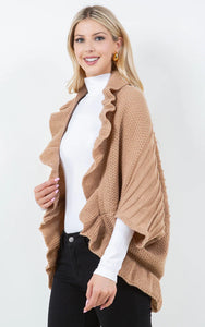 Cardigan-TAN-Ruffle Cardigan, Soft Knit