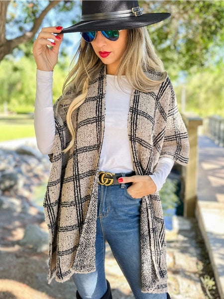 Ruana OATMEAL Plaid Knit Ruana Cardigan