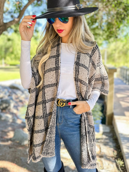 Ruana OATMEAL Plaid Knit Ruana Cardigan