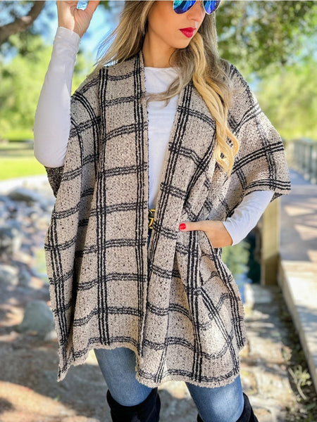 Ruana OATMEAL Plaid Knit Ruana Cardigan