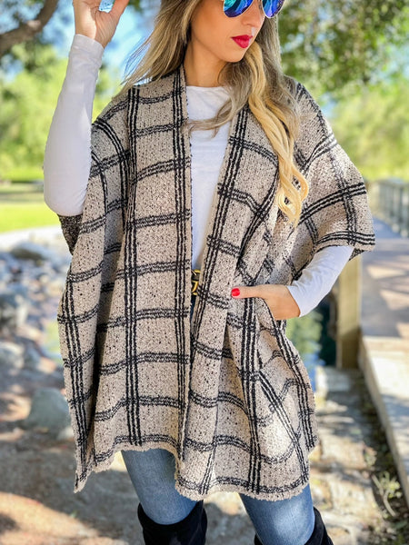 Ruana OATMEAL Plaid Knit Ruana Cardigan