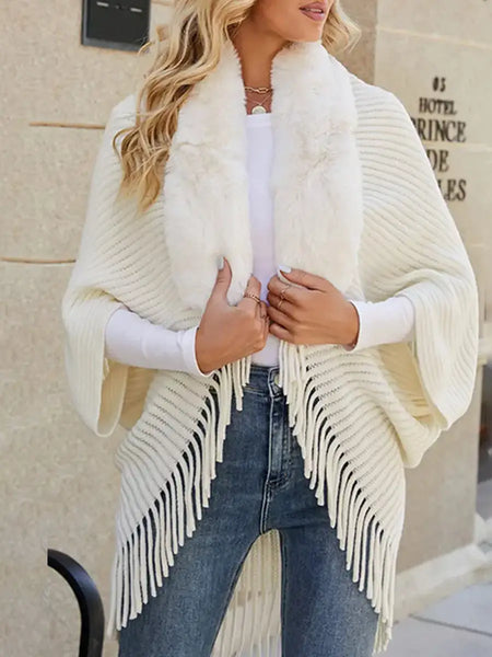 Shawl-IVORY Faux Fur Trim Wrap with Tassels