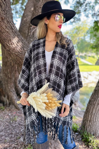 Ruana BLACK PLAID Printed Reversible Knit Cape Cardigan