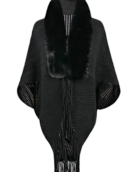 Shawl-BLACK Faux Fur Trim Wrap with Tassels