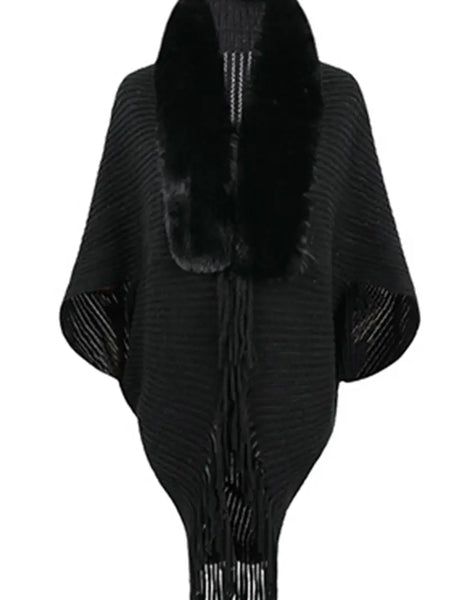 Shawl-BLACK Faux Fur Trim Wrap with Tassels