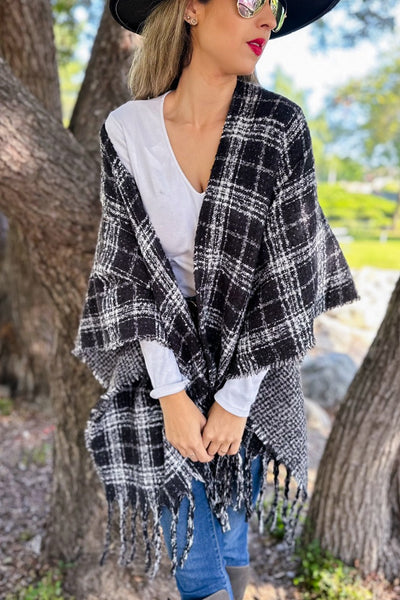Ruana BLACK PLAID Printed Reversible Knit Cape Cardigan