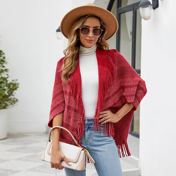 Cape-WINE Striped Knit Cape Coat with Fringe