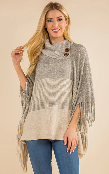 Poncho-IVORY Striped T-Neck W/ Sleeves, Buttons and Fringe